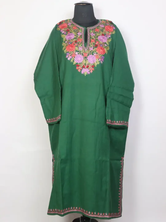 Kashmiri Green Pheran with Hand Aari Work in Raffal Wool Sabzgul