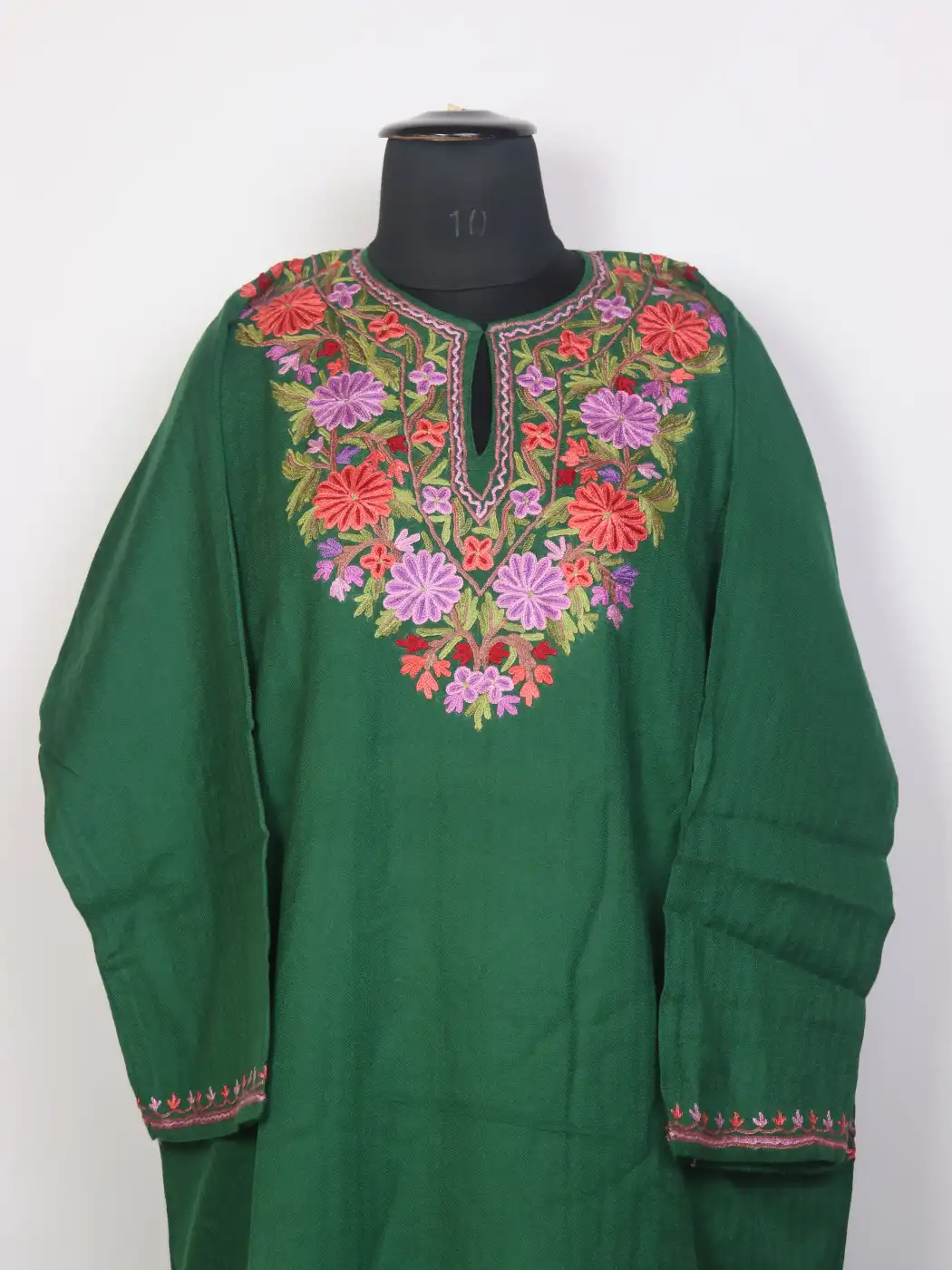 Kashmiri Green Pheran with Hand Aari Work in Raffal Wool Sabzgul - Image 2