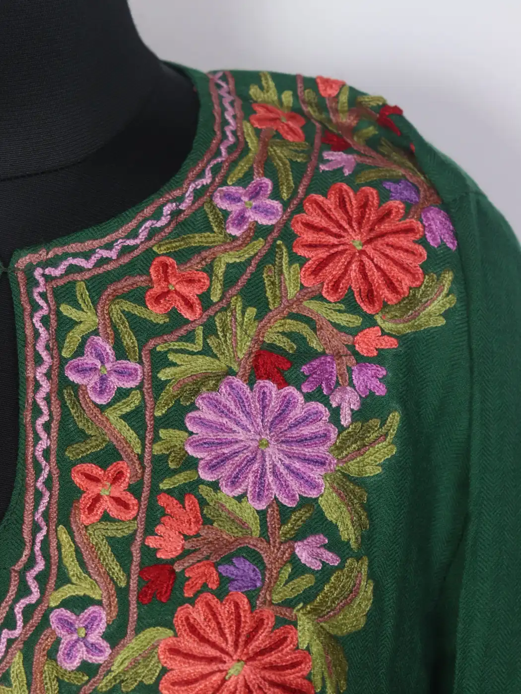 Kashmiri Green Pheran with Hand Aari Work in Raffal Wool Sabzgul - Image 3