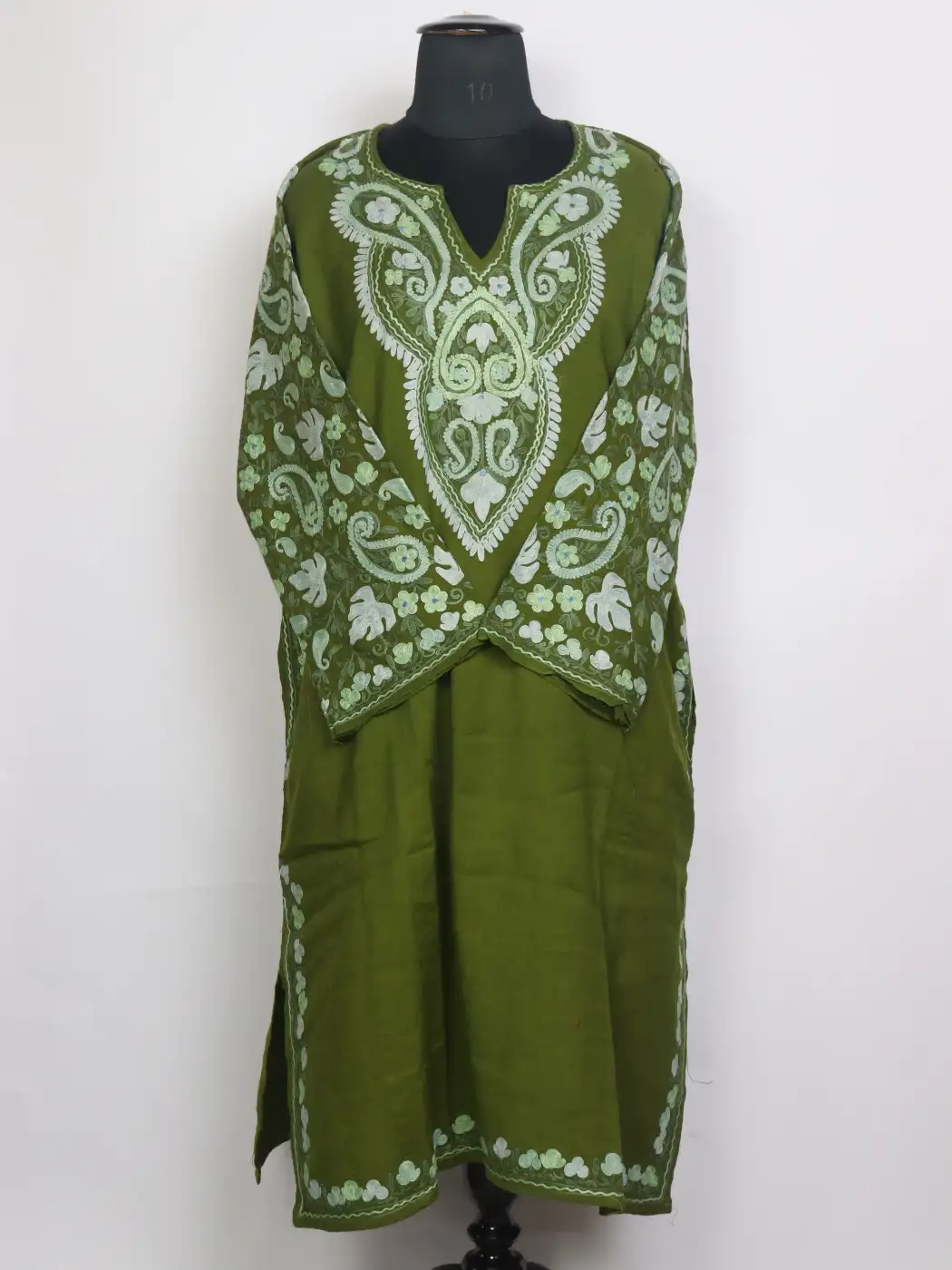 Sabzah Kashmiri Raffal Wool Aari Embroidery Pheran Moss Green