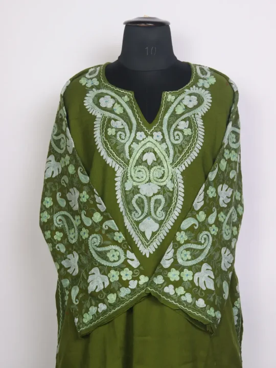 Sabzah Kashmiri Raffal Wool Aari Embroidery Pheran Moss Green - Image 2