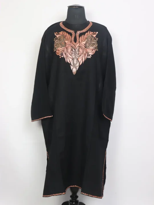 Sadira Kashmiri Raffal Wool Botte Tilla Work Pheran Black
