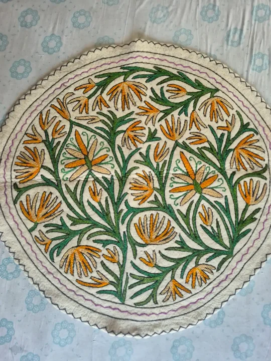 Saffron Gulab Kashmiri Wool Namda with Lush Green Vines and Golden Floral Motifs – 4x4 Feet