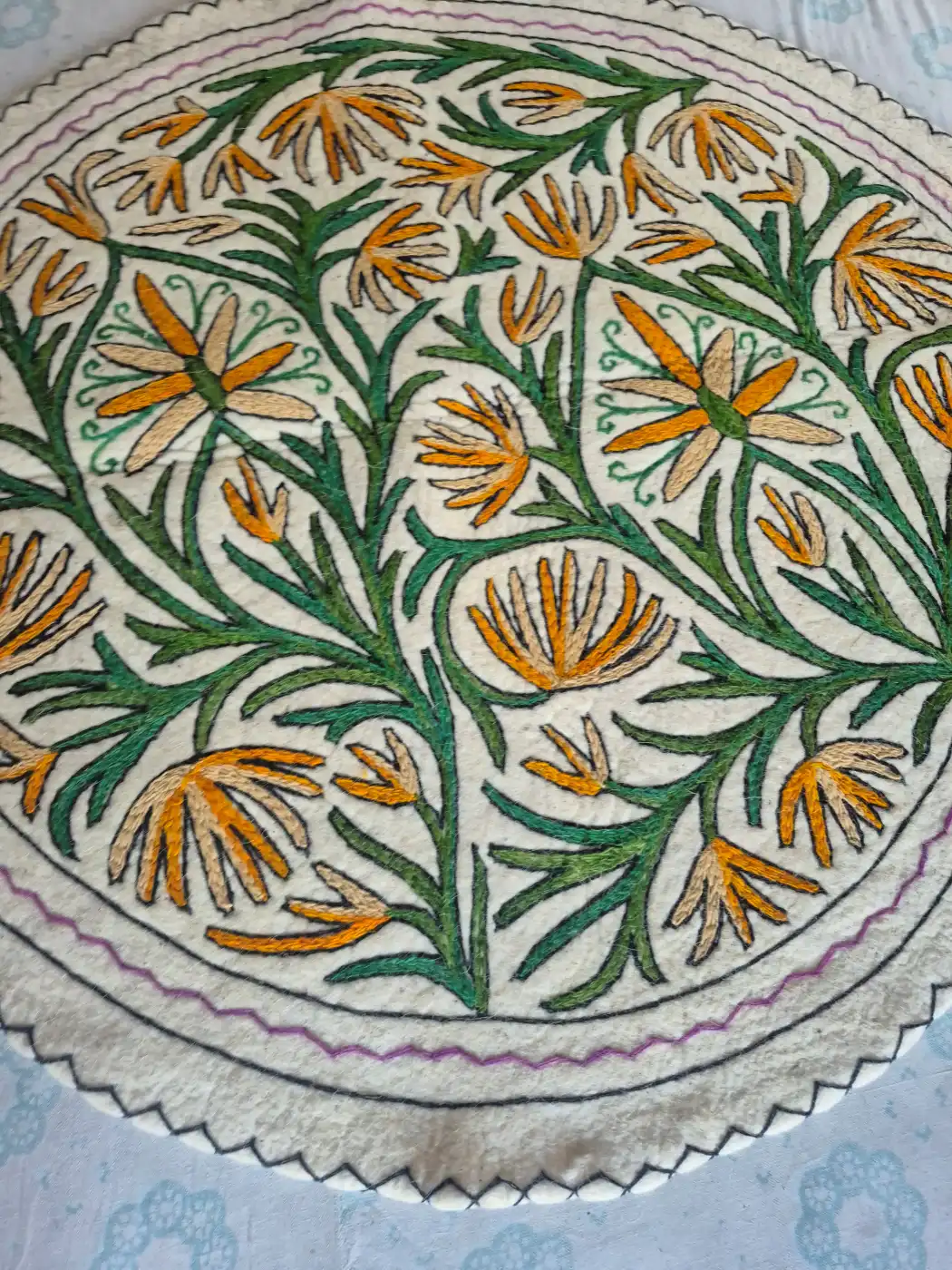 Kashmiri Saffron Gulab Wool Embroidery Namda Rug 4×4 Feet - Image 4