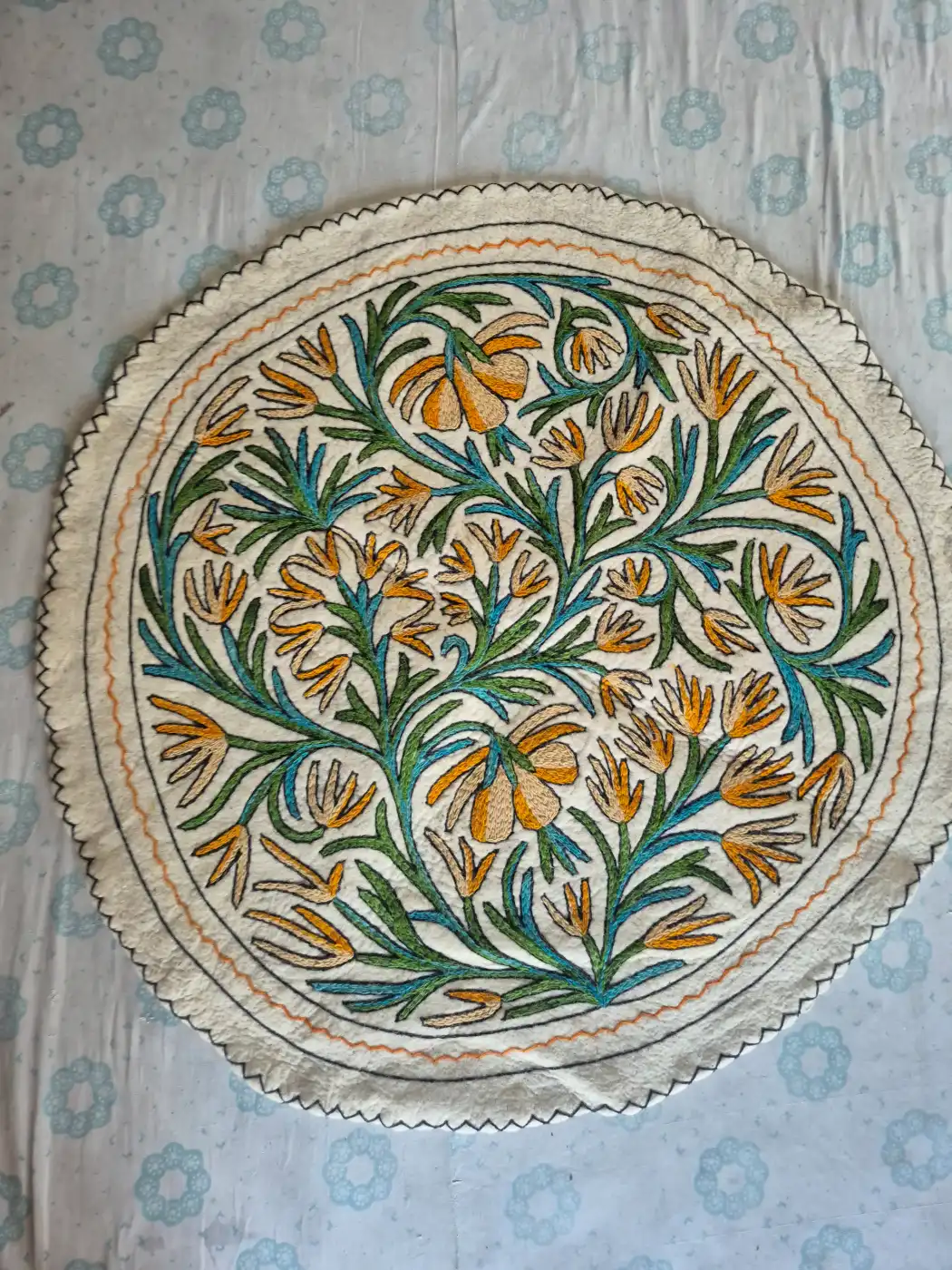 Kashmiri Saffron Vine Wool Embroidery Namda Rug 4×4 Feet