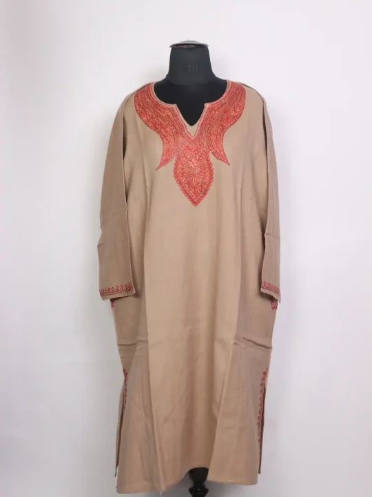 Sahar Kashmiri Raffal Wool Hand Sozni Embroidery Pheran Beige