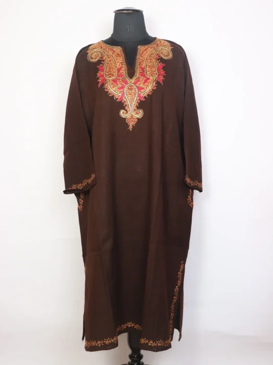 Sahiba Kashmir Brown Raffal Wool Hand Sozni and Tilla Embroidery Pheran