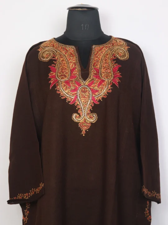 Sahiba Kashmir Brown Raffal Wool Hand Sozni and Tilla Embroidery Pheran - Image 3