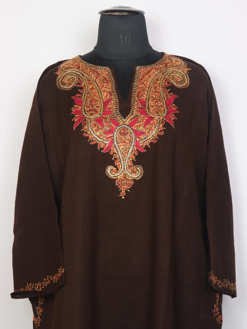 Sahiba Kashmir Brown Raffal Wool Hand Sozni and Tilla Embroidery Pheran - Image 3