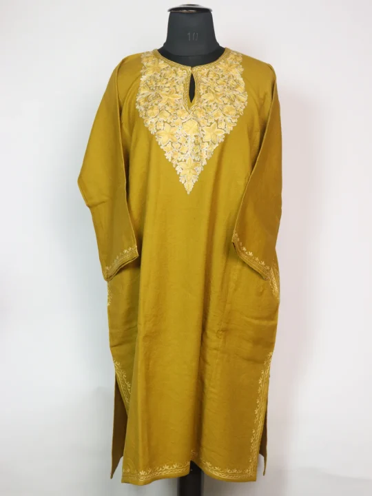 Mustard Kashmiri Pheran In Raffal Wool With Aari And Zari Embroidery | Samara