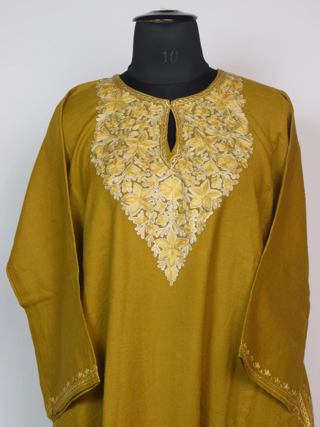 Mustard Kashmiri Pheran In Raffal Wool With Aari And Zari Embroidery | Samara - Image 2