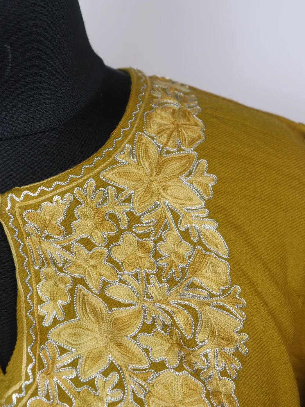 Mustard Kashmiri Pheran In Raffal Wool With Aari And Zari Embroidery | Samara - Image 3