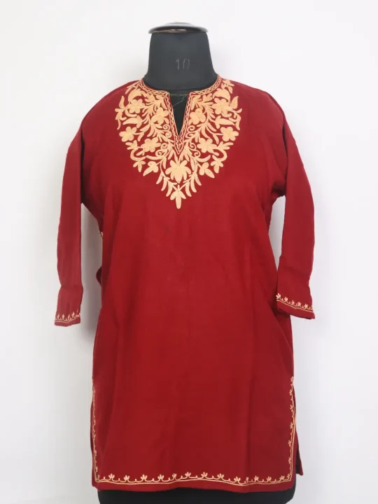 Sameen Kashmiri Girls Pheran in Maroon Cashmilon Wool with Aari Work (7 to 8Y)