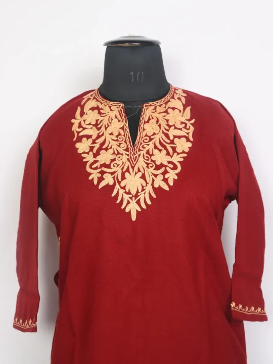 Sameen Kashmiri Girls Pheran in Maroon Cashmilon Wool with Aari Work (7 to 8Y) - Image 2