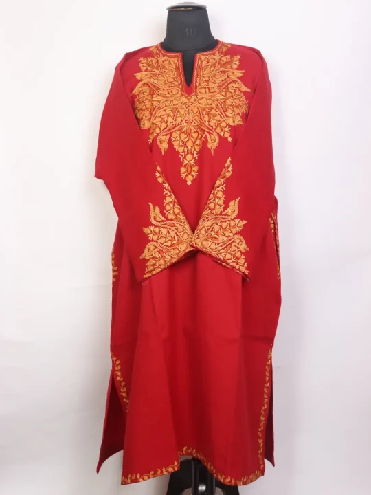 Sameen Red Kashmiri Rezkaar Aari Embroidered  Sleeve Pointed Pheran in Raffal Wool