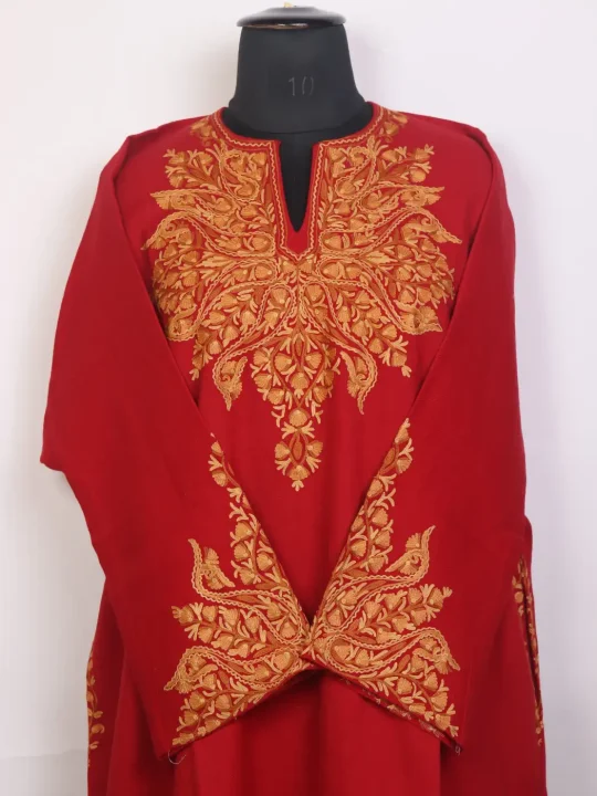 Sameen Red Kashmiri Rezkaar Aari Embroidered Sleeve Pointed Pheran in Raffal Wool - Image 2