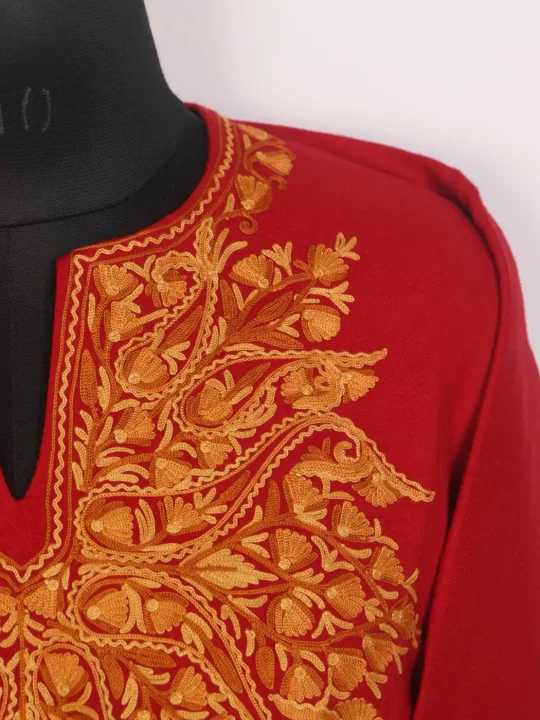 Sameen Red Kashmiri Rezkaar Aari Embroidered Sleeve Pointed Pheran in Raffal Wool - Image 3
