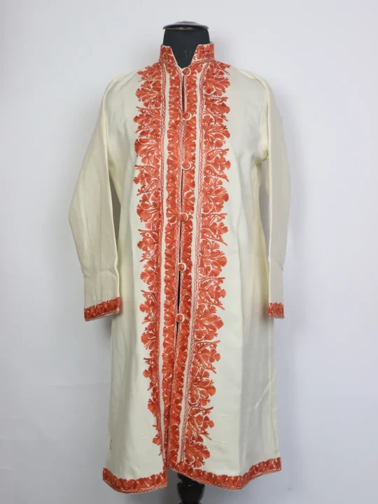 Sana Kashmiri White Cashmilon Wool Long Aari Embroidery Coat