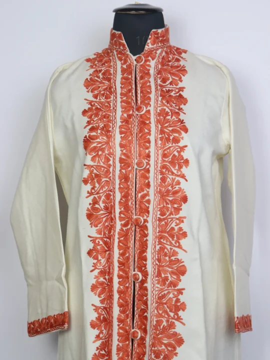 Sana Kashmiri White Cashmilon Wool Long Aari Embroidery Coat - Image 2