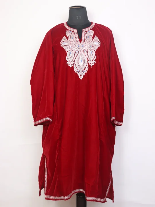 Kashmiri Red Velvet Shafaq Botte Tilla Embroidered Pheran