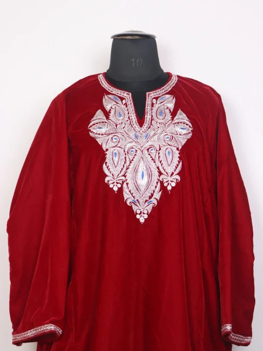 Kashmiri Red Velvet Shafaq Botte Tilla Embroidered Pheran - Image 2