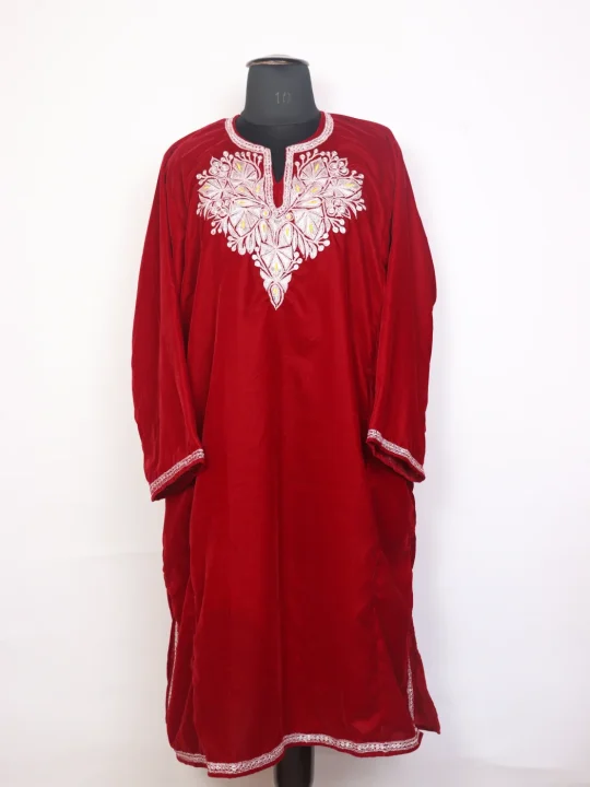 Kashmiri Red Velvet Botte Tilla Embroidered Pheran Shafaq