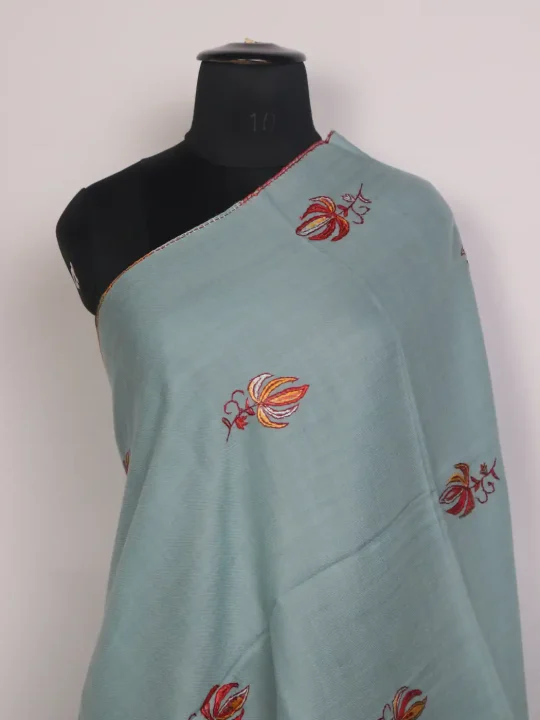 Shagufta Kashmiri Blue Toosha Paper Machie Style Hand Sozni Embroidery Stole - Image 2