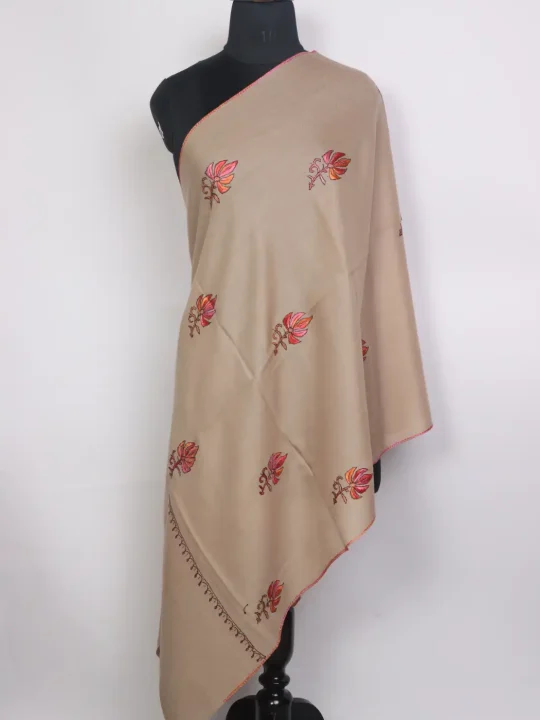 Shahbano Kashmiri Toosha Paper Machie Style Hand Sozni Embroidery Stole Beige