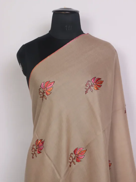 Shahbano Kashmiri Toosha Paper Machie Style Hand Sozni Embroidery Stole Beige - Image 2