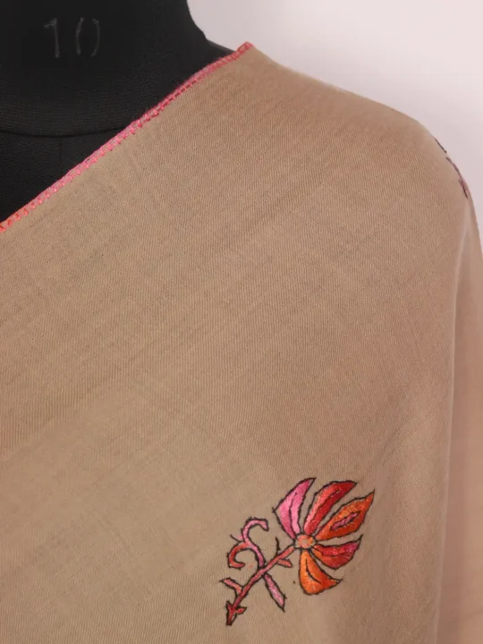Shahbano Kashmiri Toosha Paper Machie Style Hand Sozni Embroidery Stole Beige - Image 3
