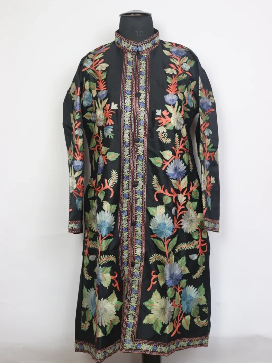 Black Silk Kashmiri Aari Embroidered Shahdana Long Coat