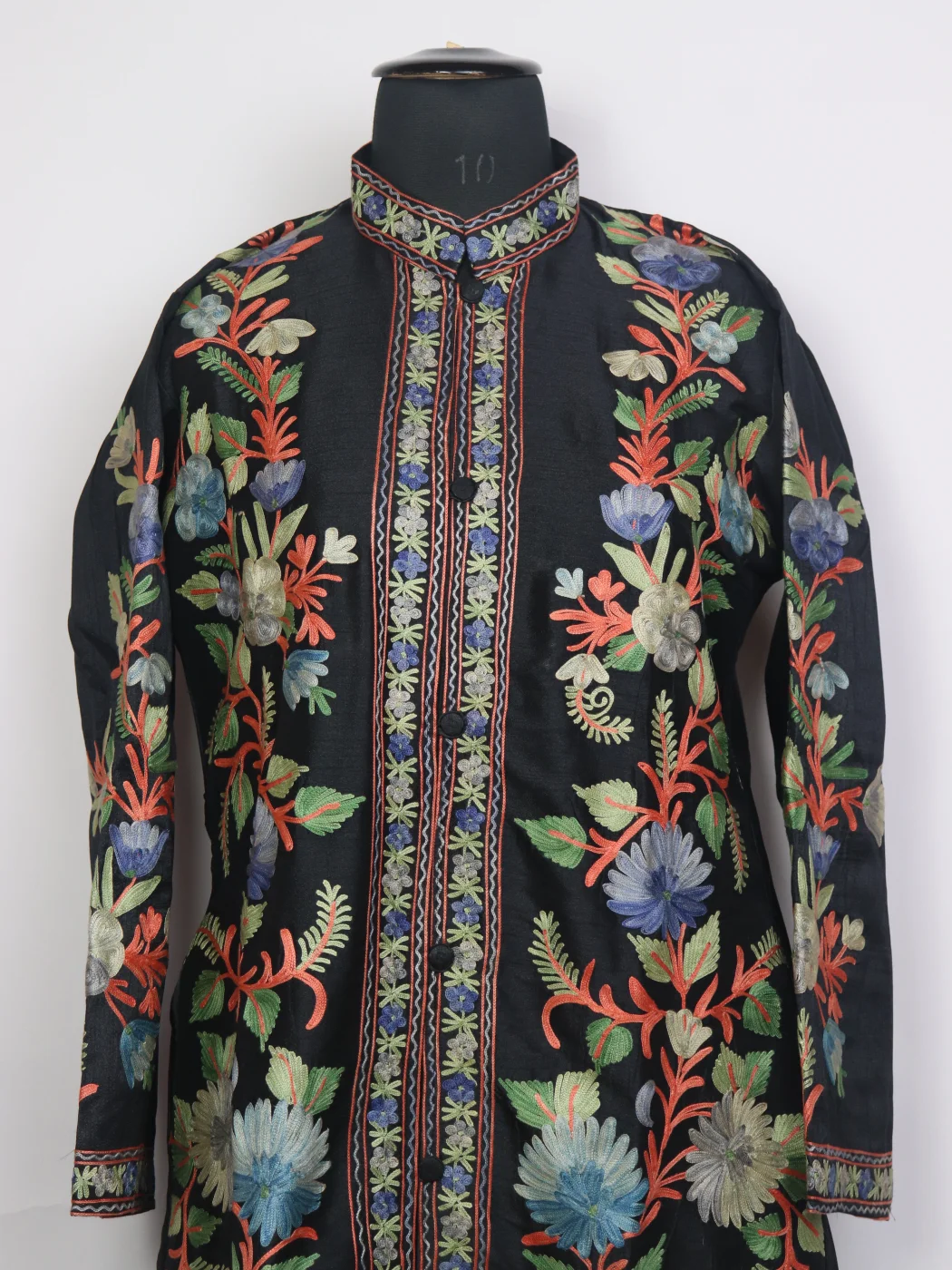 Black Silk Kashmiri Aari Embroidered Shahdana Long Coat - Image 2