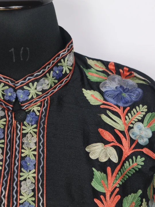 Black Silk Kashmiri Aari Embroidered Shahdana Long Coat - Image 3