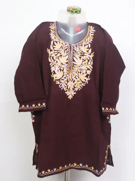 Shaheen Maroon Kashmiri Girls Pheran With Aari Work In Cashmilon Wool(3 to 4Y)