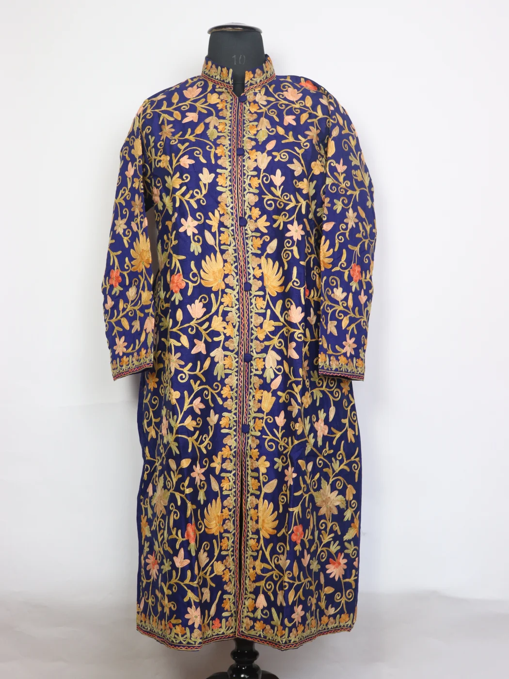 Shahista Navy Blue Silk Kashmiri Long Jaal Aari Work Coat