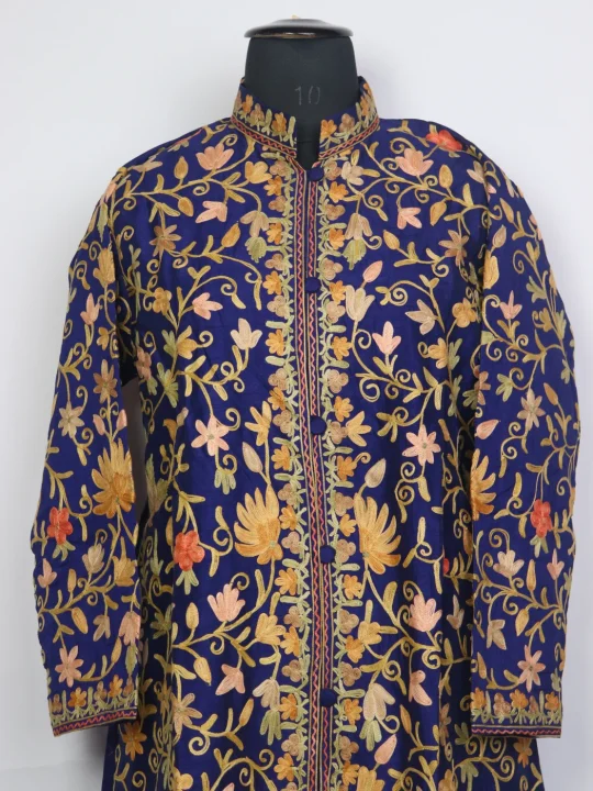 Shahista Navy Blue Silk Kashmiri Long Jaal Aari Work Coat - Image 2