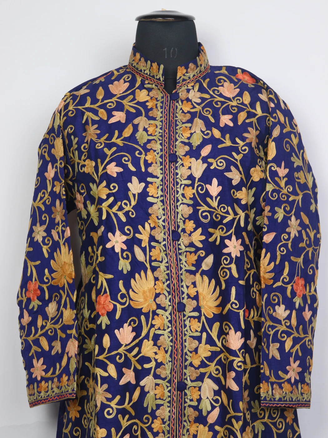 Shahista Navy Blue Silk Kashmiri Long Jaal Aari Work Coat - Image 2