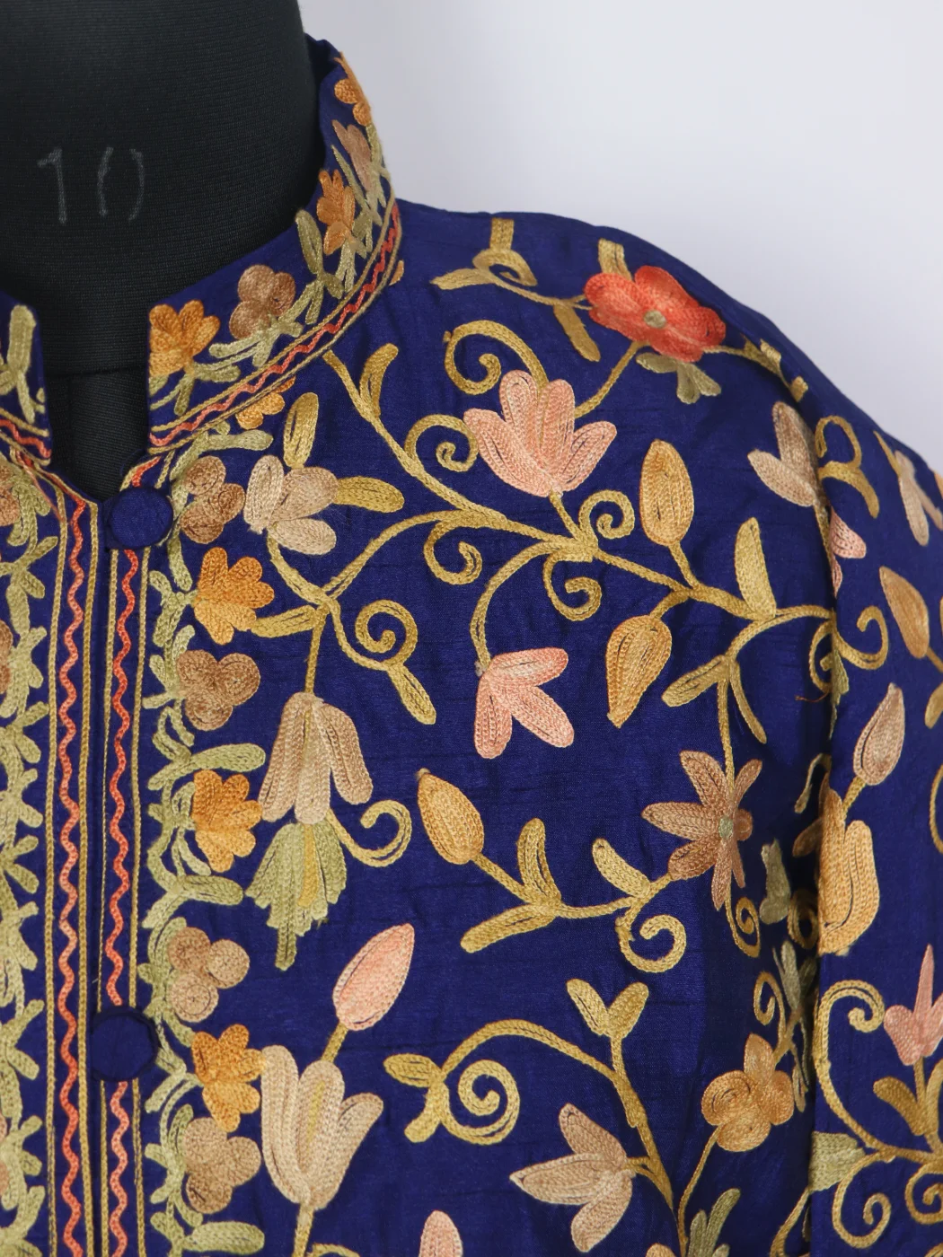 Shahista Navy Blue Silk Kashmiri Long Jaal Aari Work Coat - Image 3
