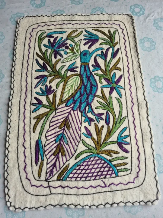 Shahkaar Hand Embroidered Namda Rug – Peacock Floral Design | 3×2 ft