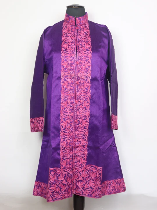 Purple Silk Shahnoor Kashmiri Aari Embroidery Long Coat