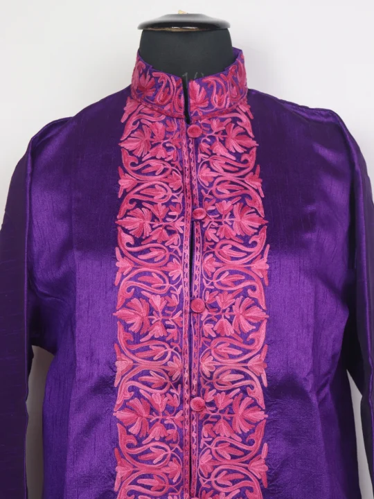 Kashmiri Long Coat | Purple Silk Shahnoor Aari Embroidery - Image 2