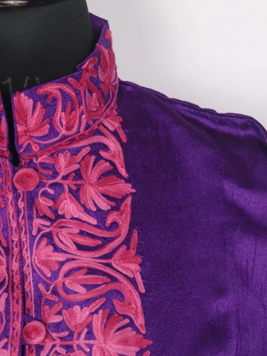 Kashmiri Long Coat | Purple Silk Shahnoor Aari Embroidery - Image 3