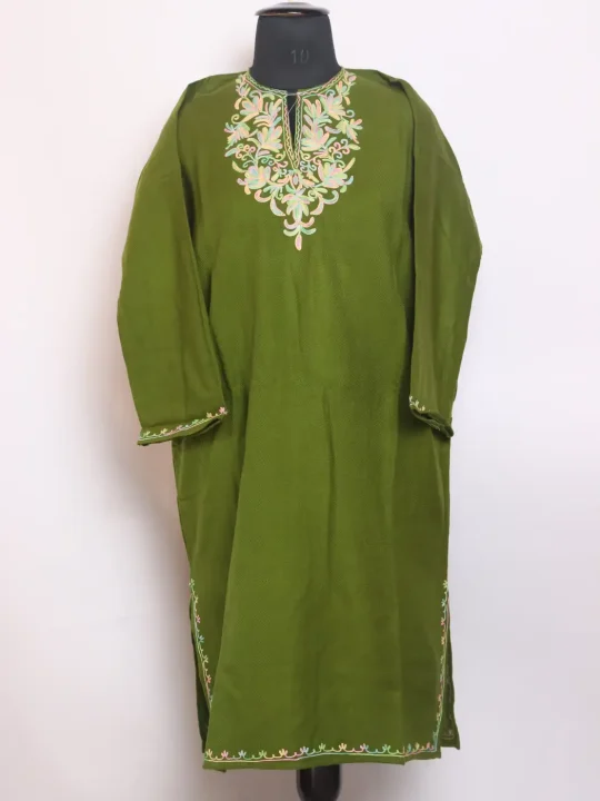 Shakira Kashmiri Girls Pheran in Olive Green Cashmilon Wool with Aari Work
