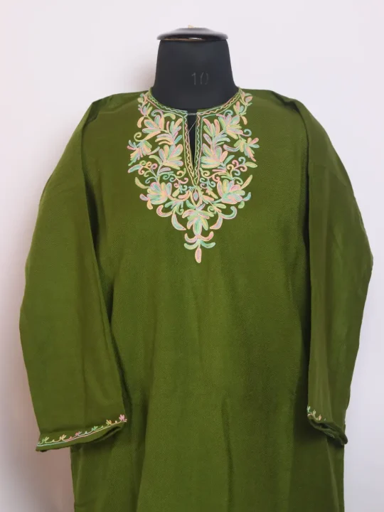 Shakira Kashmiri Girls Pheran in Olive Green Cashmilon Wool with Aari Work - Image 2