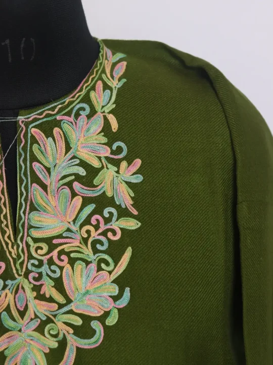 Shakira Kashmiri Girls Pheran in Olive Green Cashmilon Wool with Aari Work - Image 3