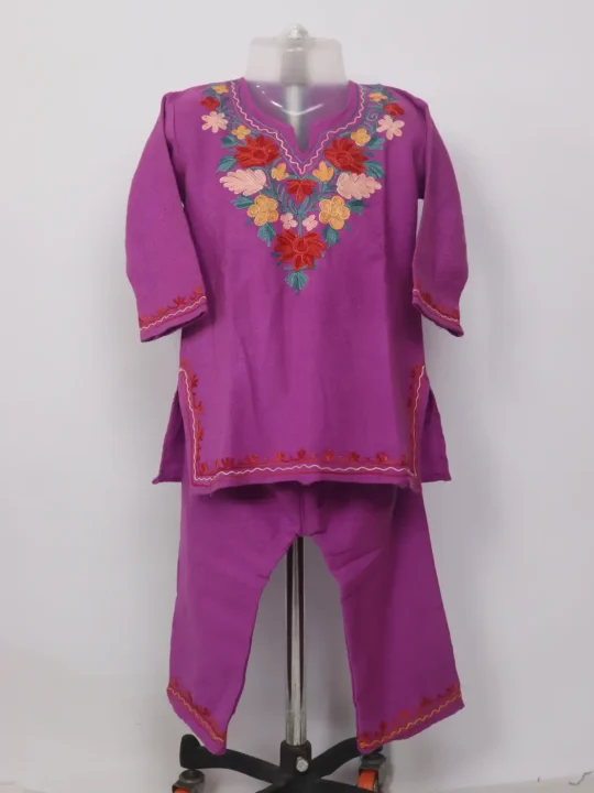 Shanza Purple Kashmiri Girls 2pc Pheran Set With Aari Work In Cashmilon Wool (2 to 3Y)