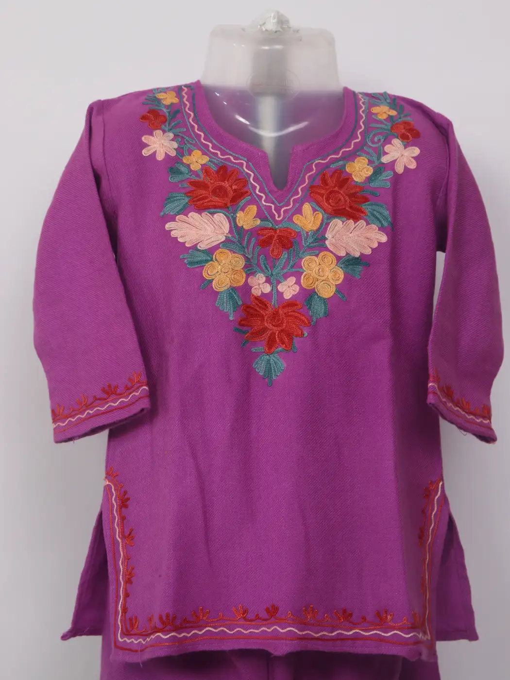 Shanza Purple Kashmiri Girls 2pc Pheran Set With Aari Work In Cashmilon Wool (2 to 3Y) - Image 2