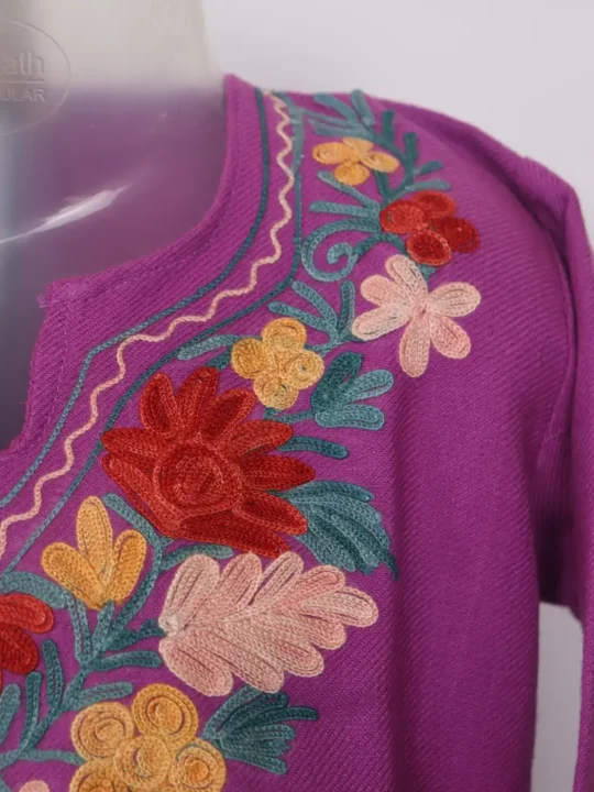 Shanza Purple Kashmiri Girls 2pc Pheran Set With Aari Work In Cashmilon Wool (2 to 3Y) - Image 3