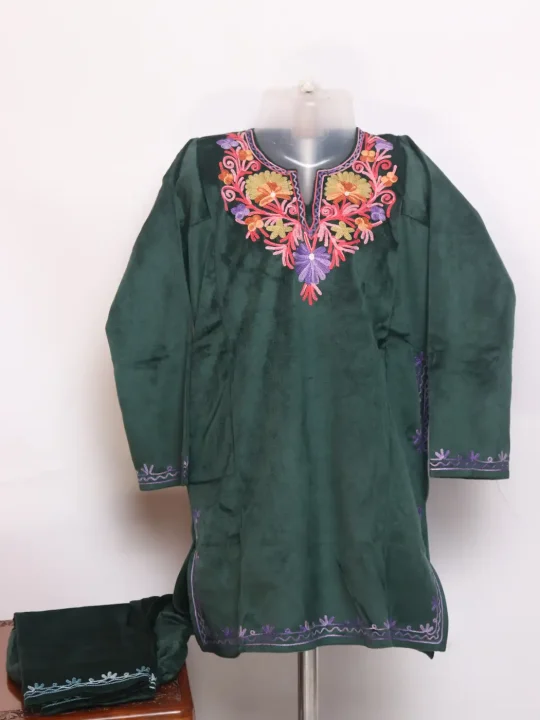 Shazia Green Kashmiri Girls 2 Pc Pheran Set With Zari Tilla Work In Holland Velvet (5 to 6Y)