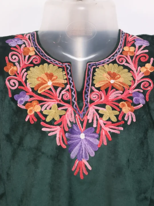 Shazia Green Kashmiri Girls 2 Pc Pheran Set With Zari Tilla Work In Holland Velvet (5 to 6Y) - Image 2